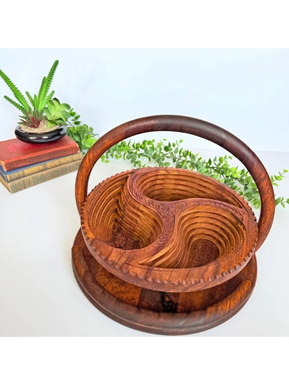 Whimsical Cottagecore Wooden Paisley Collapsible Trivet Fruit & Nut Basket Bowl